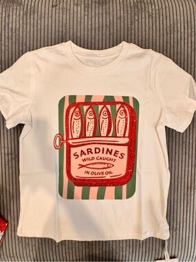 White Graphic Tee with Red Sardines Can Design